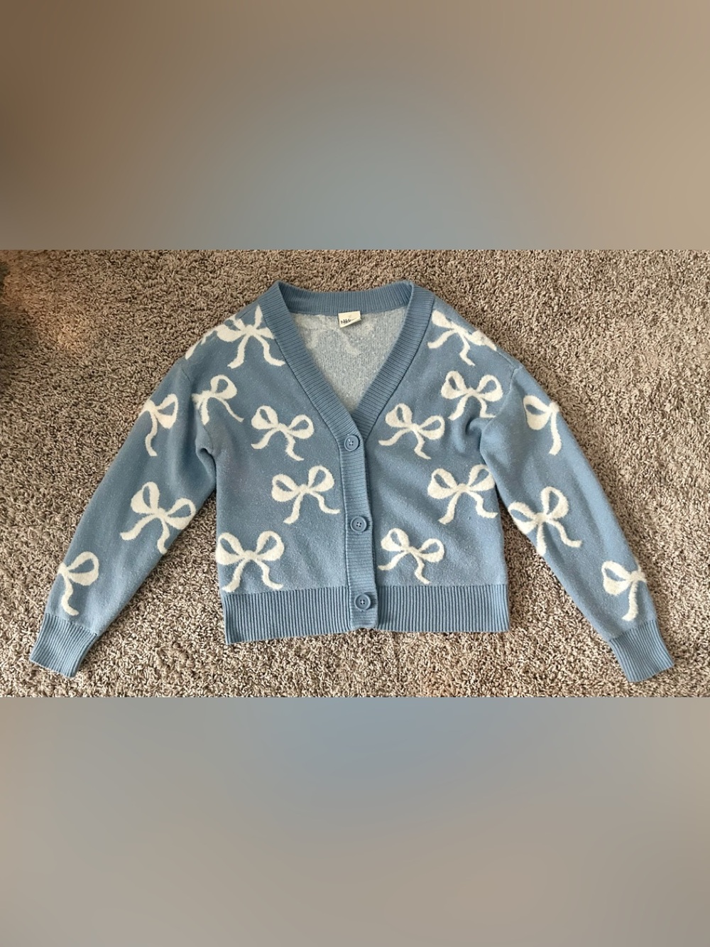 Girls' Light Blue Bow Print Cardigan Sweater